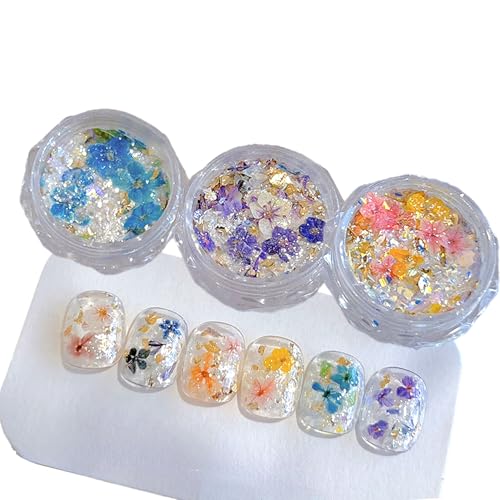 3Pcs 3D Dried Flowers Nail Art Stickers - Diamond &