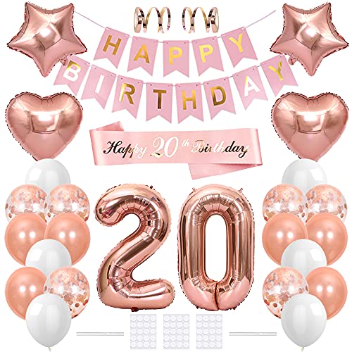 Xihuimay 20. Geburtstag Feier Dekoration 32" Nummer 20 Luftballon Alles Gute Zum Geburtstag Banner Heliumballon Konfetti Latexballon Stern Herz Folie Ballon Geburtstag Schärpe für Mädchen, Roségold Cover