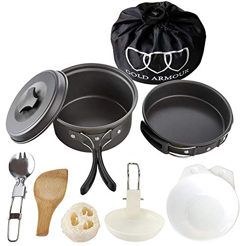 Gold Armour 10 Pieces Camping Cookware Mess Kit Backpacking Gear & Hiking Outdoors Bug Out Bag Cooking Equipment Cookset - Lightweight, Compact, Durable Pot Pan Bowls (Black) #TOP4