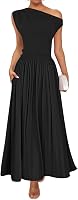 ZESICA Women's One Shoulder Sleeveless Maxi Dress with Pockets - Flowy Swing Pleated Summer Casual Formal Dress