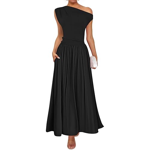 ZESICA Women's Summer 2025 Sleeveless Maxi Dress One Shoulder Casual Slim Swing Pleated Formal Dresses with Pockets