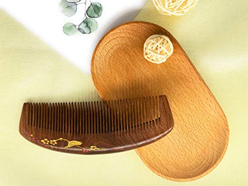 Sitronugras Wooden Combs Set Handmade Comb-Detangling Comb With Fine Tooth Natural Sandlewood Comb With Handle For Women Men Kids, Anti Static No Snag Moon Shape Comb For Straight Wavy Dry Thick Or Fine Hair.(Lucky Bird Drawing) #TOP5