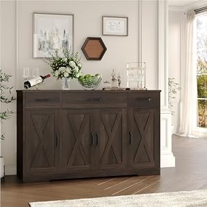 HOSTACK Buffet Cabinet with Drawers, 55" Large Sideboard Buffet Storage Cabinet with Shelves and Doors, Modern Farmhouse Coffee Bar Cabinet Wood Buffet Table for Kitchen, Dining Room, Dark Brown HOSTACK Buffet Cabinet with Drawers 55 Large Sideboard Buffet Storage Cabinet with Shelves and Doors Modern Farmhouse Coffee Bar Cabinet Wood Buffet Table for Kitchen Dining Room Dark Brown