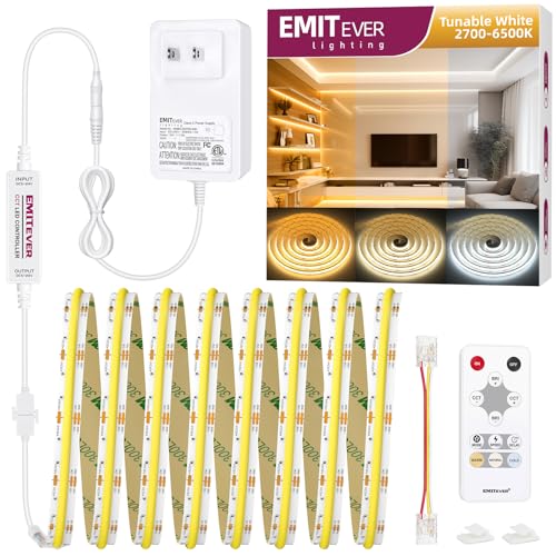 EMITEVER COB LED Strip Light Tunable White 2700K-6500K, Dimmable CCT 24V LED Tape Light Kit 16.4ft, High Density 3200LEDs CRI90+, for Kitchen Under Cabinet Lighting Bedroom Bar Christmas