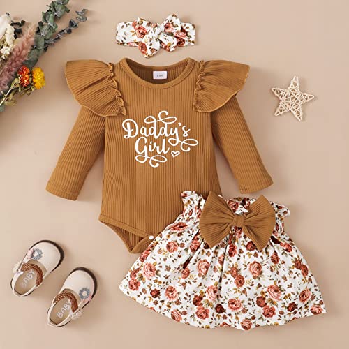 Patpat Newborn Baby Girl Clothes Sets Long Sleeve Ruffle Romper Tops Floral Skirt Set Newborn Infant Outfits Brown 3-6M #TOP5