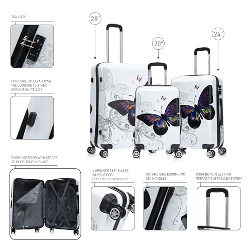 Image of InUSA Butterfly Print Luggage with Spinner Wheels | Durable Lightweight Hardside Suitcase | Travel Bag with Handle and Trolley | (20in, 24in, 28in) 3 Piece Set