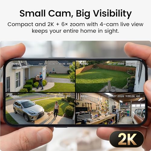 Image of aosu 2K Battery Security Cameras Wireless Outdoor System, 4-Cam-Kit | True 2K HD with 6X Zoom, Full Color Night Vision, 4-View Live, Cross-Camera Tracking, PIR + AI Human Detection, Easy Setup