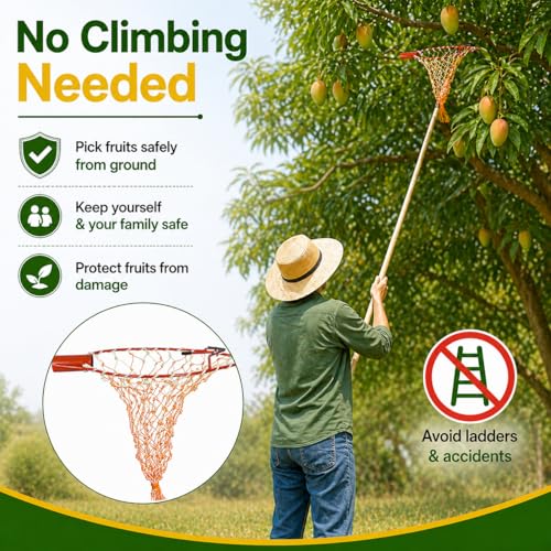 Image of Go Garden Mango Fruit Plucker with Net | Heavy Duty Fruit Picker & Harvester Tool | Mango Picker Nylon Net with Metal Frame | 5-7 Kg Capacity Fruit Basket | Garden Tool for Safe Picking