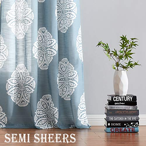 Treatmentex White And Blue Semi-Sheer Curtains For Living Room 84" Floral Medallion Print Window Panels Grommet Top 2 Pc #TOP5