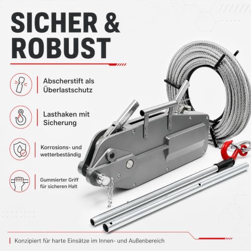 Foto von Wiltec Seilzug bis 3200 kg Seilwinde mit 20 m Seil, Handseilwinde mit Ø 16 mm Stahl-Seil, Forstseilwinde mit Abscherstift, Handseilzug mit Lasthaken