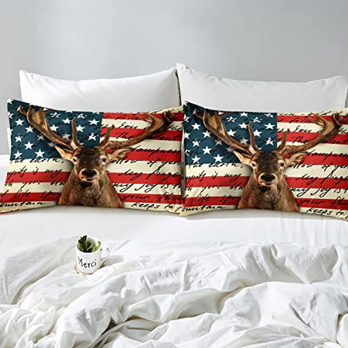 American Flag Bed Sheet For Kids Boys Girls,Vintage Deer Elk Wild Animal Sheet Set Twin,Geometric Star Stripes Bedding Set Home Room Decor,Hunting Animal Fitted Sheet + Top Sheet + 1 Pillowcase #TOP4