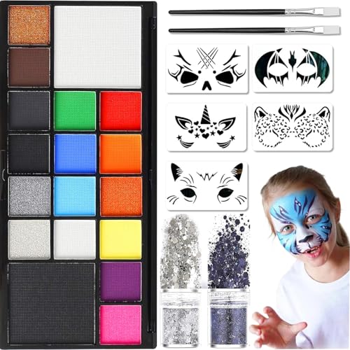 16 Colores Pintacaras Infantil Halloween Agua + 2 Brillos + 5 Tatuajes + 2 Pinceles Set Halloween Maquillaje Infantil para Pintura Cara Niños Maquillaje para Niñas Adultos Vampiro Zombi Carnaval