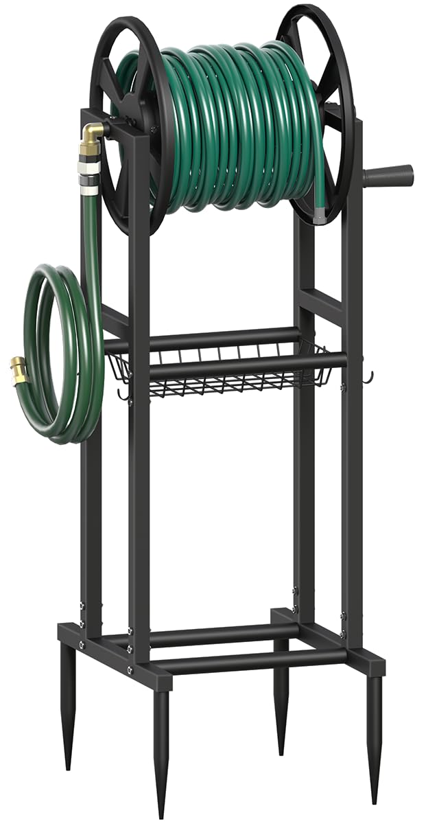freestanding garden hose reel holds 125ft hose of 5/8" with 4 hooks, 4-spike outdoor hose holder with 3.9ft leader hose & brass fitting, detachable metal hose stand with storage rack, black