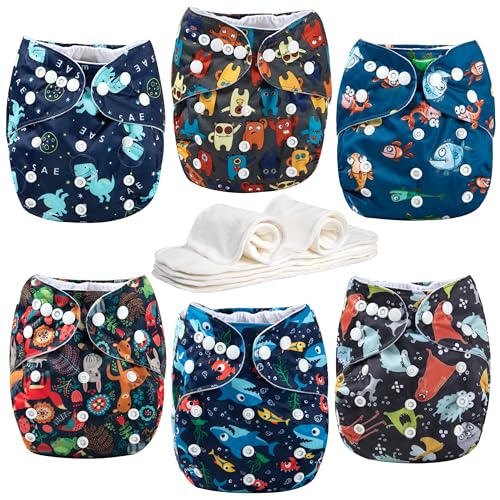 Image of Wegreeco Cloth Diapers 6 Pack with Inserts & Wet Bag, Washable Reusable Diapers for Babies, One Size Adjustable (Monster Style)