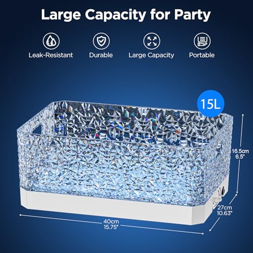 Plastic Ice Bucket Beverage Tubs for Parties, 15Liter / 4 Gallon Large Clear Drink Tub for Champagne Beer Drink Wine Cocktails, 7 Colors LED Light Up with Remote, Leakproof - Thumbnail 2
