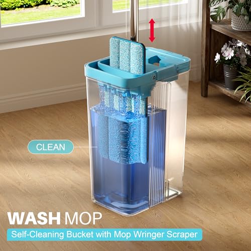 Image of JOYMOOP Mop and Bucket Set, Mops for Floor Cleaning, Wall Mop Cleaner with Long Handle, with 6 Reusable Microfiber Mop Pads - Grey+Cyan Blue