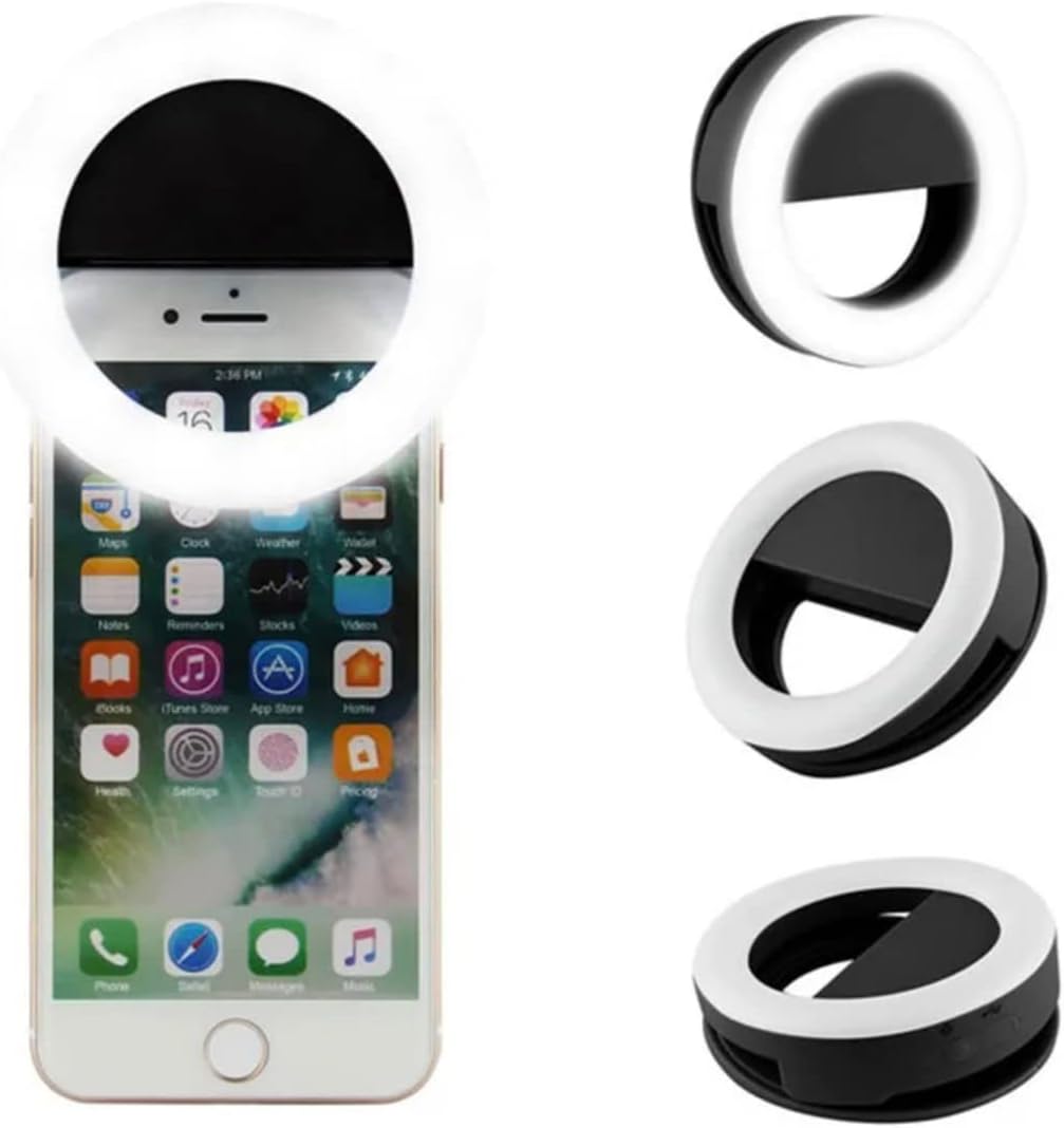 Rechargeable Selfie Ring Light - 36 LED Clip-On Phone Light with 3 Brightness Levels, Portable Ringlight for iPhone, Android, Laptop, iPad - For Video Calls, Makeup & Content Creation (Black)
