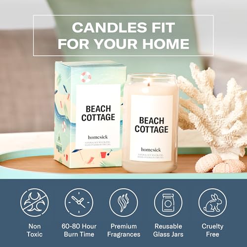 Homesick Scented Candles for Home (Beach Cottage) - Long-Lasting Natural Soy Wax Blend Jar Candle Gifts for Women & Men, 60-80 Hours Burn Time - Notes of Bergamot & Sandalwood - Image 5