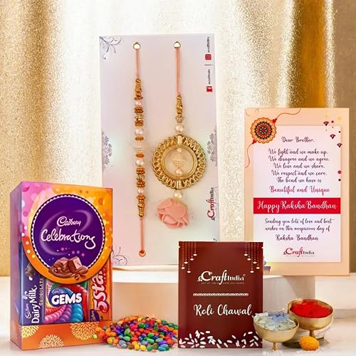 Image of eCraftIndia Golden White & Peach Floral Designer Bhaiya Bhabhi Rakhi Set with Chocolate, Cadbury Celebrations Gift Pack of 5 Assorted Chocolate, Rakhi with Chocolate Gift - Roli Chawal Pack, Card