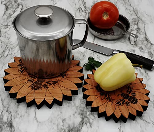 Honey Bees On A Flower Trivet- Hand Crafted In The Usa From Solid Cherry Hardwood (6 Inch) #TOP4