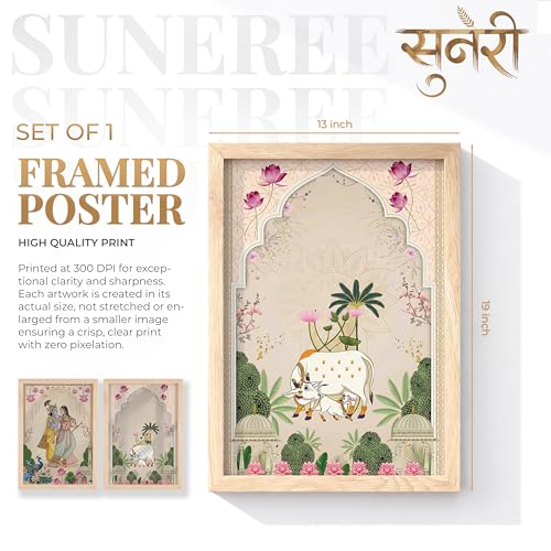 Image of Suneree Pichwai Radha Krishna Kamdhenu Cow Wall Art Painting | Set of 2 Framed Paintings | Traditional Indian Decor for Living Room Pooja Room Home | (ART 3, 13x19 INCHES)