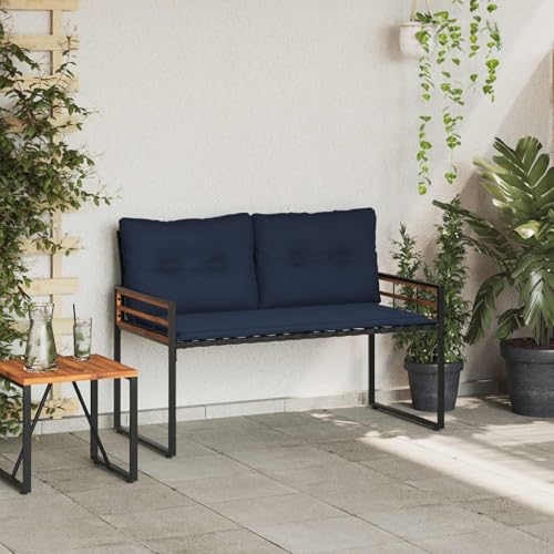 Banco de madera de acacia con cojín azul marino y patas ajustables de 114cm 4