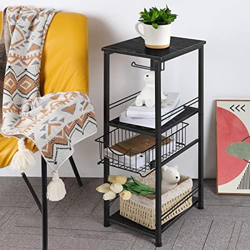 UOMIO Bathroom Shelf Floor Standing Narrow Vertical Storage Racks for Living Room Bathroom Accessories Cabinet Roll Paper and Towel Organiser 71.5cm High - Black Wooden Board