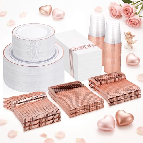 Supernal 400pcs Rose Gold Plastic Plates Disaposable Heavy Duty included Disposable Utensils&...