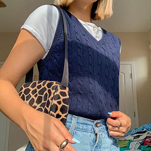 Women V Neck Knit Sweater Vintage Y2K 90S Preppy Style Vest Argyle Knitwear Sleeveless Tank Top Streetwear(Solid Navy Blue, S) #TOP2