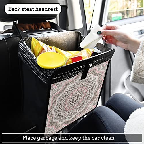 Image of Boho Mandala Pink Car Trash Can, Foldable Hanging Car Trash Bag, Small Waterproof Car Accessories Garbage Bin