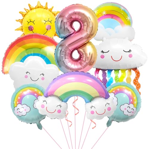 Decorazioni Palloncini Arcobaleno 8 Anni, Palloncini Sole e Nuvole, Palloncino Numero 8 Grande, Palloncini Nappa Arcobaleno, Addobbi per Tema Colorato Compleanno Bambini Festa