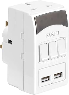 PARTH Shaver Plug Adaptor Triple Plugs/USB Adaptor Plug 3 Way UK Mains Switched 13A Travel Adapter/Individual Switches Block Socket/Multi Plug Adaptor for Shaver Toothbrush