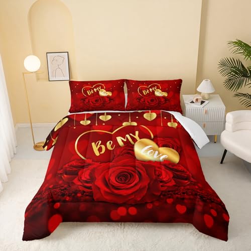 Image of QOOMO Red Rose Kids Bedding Set,Plant Print Comforter Set Full Size for Boys Girls Teen Room Decorat,Soft Lightweight Bed Set All Season,1 Comforter 2 Pillowcases