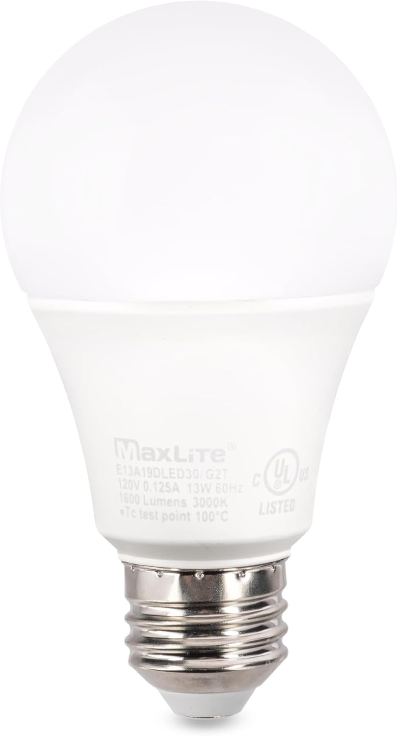 Maxlite E13A19DLED30/G2T LED Light Bulb, 13W A19 Omnidirectional E26 Bulb, Dimmable, Enclosed Rated, Suitable for Damp Locations, 3000K Warm Light, 1600lm, 5-Year Warranty, 100W Equivalent