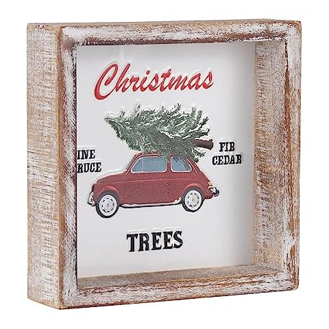 FESTWIND Christmas Decorations, Christmas Trees Truck Block Sign for Shelf, Mantel, Retro Christmas Decorations, Embossed Metal With Wood Frame Cover