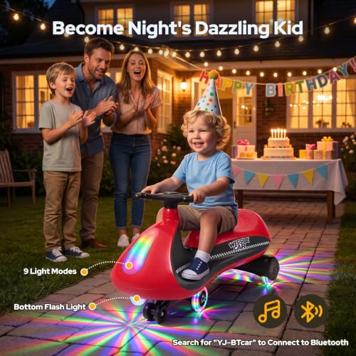 ELEMARA 12V Electric Wiggle Car,Wiggle Car Ride On Toy with Bottom Flashing Light,2 Speeds,Ride On Toys with Sticker,9 Color Modes,Flashing Wheels, Bluetooth,Pedal,for Age 3+,150 Lbs,Red by ELEMARA - Used condition - Image 4