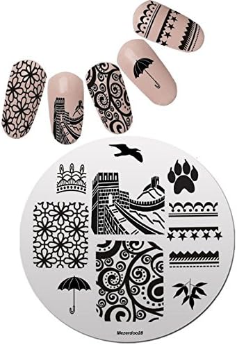 Mezerdoo 1pcs Umbrella Great Wall Design Nail Stamping Plate 5.5cm Round Nail Art Stamp Template Flower Line Pattern Nail Stamping Plates Geometric Leaf Floral Nail Art Stamp Stencil Printing Template