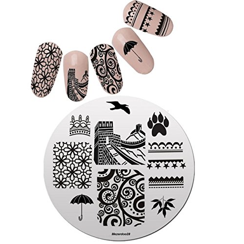 Mezerdoo 1Pcs Umbrella Great Wall Design Nail Stamping Plate 5.5Cm Round Nail Art Stamp Template Flower Line Pattern Nail Stamping Plates Geometric Leaf Floral Nail Art Stamp Stencil Printing Template #TOP10