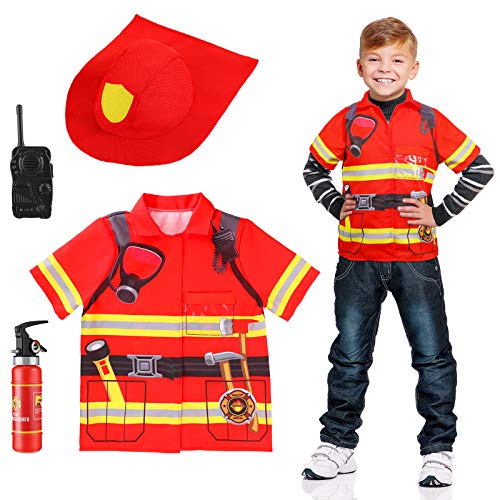 Kids Fireman Costume Role Play Firefighter Pretend Costume Dress Up Set with Fireman Accessories for 4-7 Years Old Boys Girls