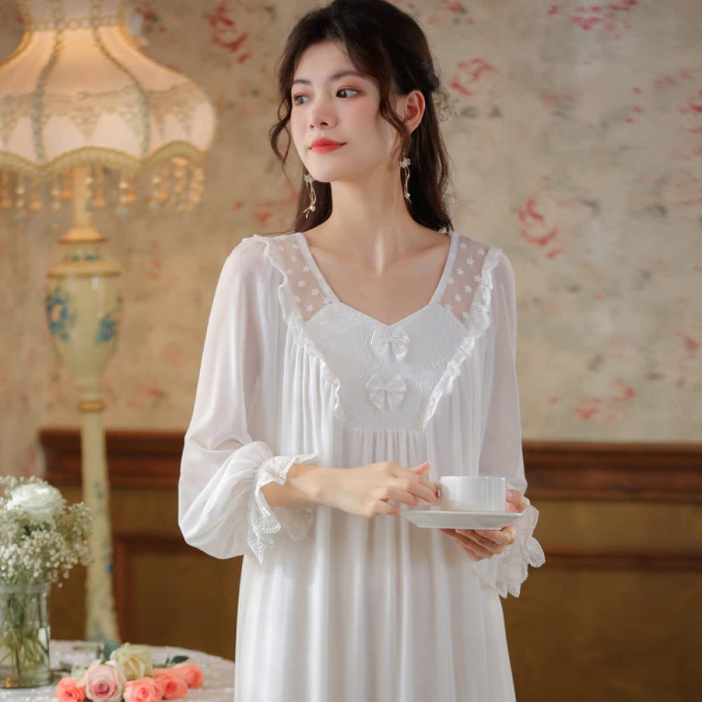 Nachthemd Damen,Damen-Nachthemden Weiß Rundhals Spitze Rüschen Schleife Mesh Elegantes Schlafhemd Weiche Bequeme Lange Ärmel Nachthemd Loungewear Für Damen Mädchen Pyjama Party Weihnachtsnachth