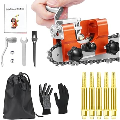Chain Saw Sharpener Tool, Chainsaw Sharpener Jig, Hand-Crank Chainsaw Sharpening Kit with 5 High Hardness Bits, Gloves, Storage Bag and Brush, Portable Chainsaw Blade Sharpener for 6"-22" Chain Saws Cover