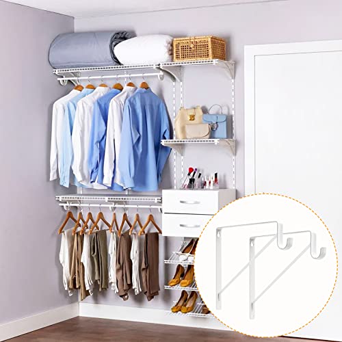 4 Pack Closet Shelf & Rod Brackets, Heavy Duty Closet Shelf Bracket With Rod Support, 11”X11”, 1-3/8” Dia White Wall Mount Clothes Hanger Closet Pole Support Bracket For Shelf Storage And Closet Rod #TOP5