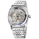 FORSINING Watches for Men, Square Retro Mechanical Watch Self-Wind Carved, Skeleton Automatic Watches Vintage Wristwatch Silver
