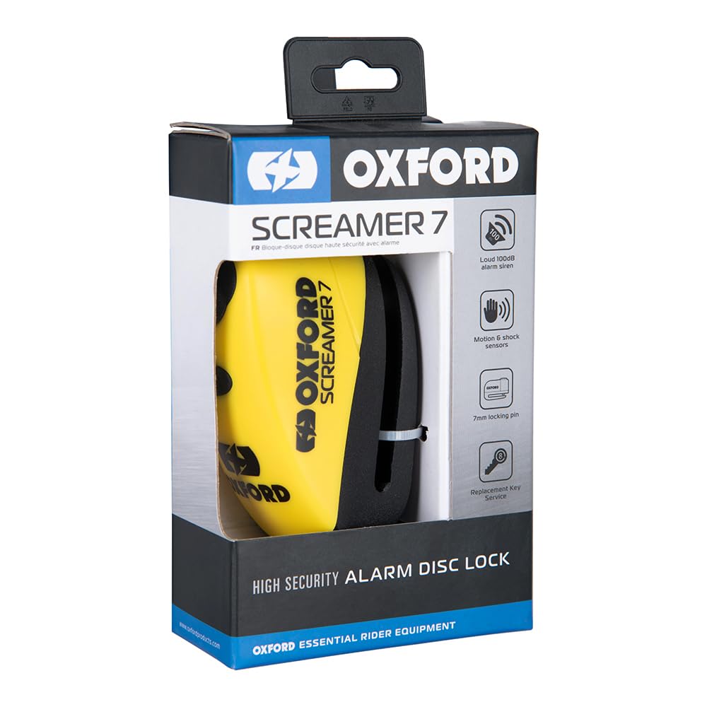 Oxford Screamer7 LK290 - Candado de disco con alarma para motocicleta, alta seguridad, 100 dB, para motocicleta, ciclomotor, motocross, color amarillo/negro