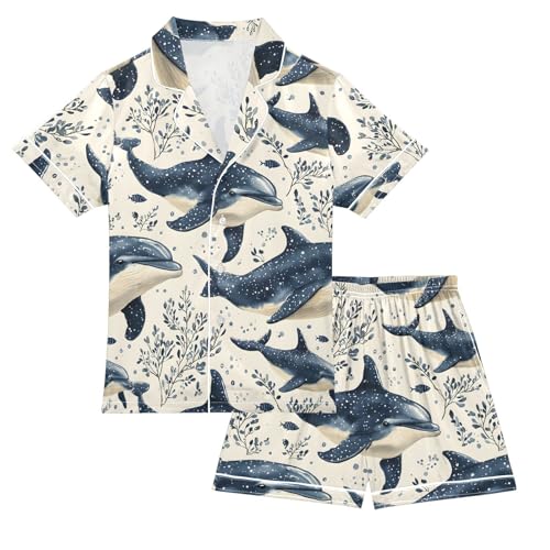 ALAZA Dolphin Ocean Leaf Satin Pajamas Set Short Sleeve Button Down Sleepwear Summer Pjs 2 Piece