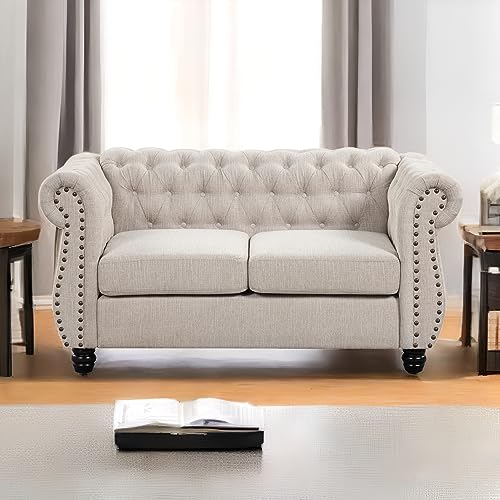 Morden Fort Classic Chesterfield Victoria Arm Loveseat Set, Tufted Loveseat Sofa No Sagging with Solid Wood Legs, Pet-Friendly Love Seat Set Couch for Living Room Bedroom Apartment - Chenille Beige