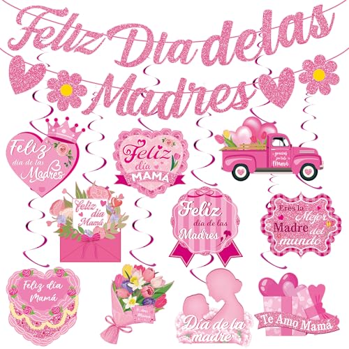 Feliz Dia De Las Madres Decorations Mexican Mothers Day Decorations Glitter Feliz Dia De Las Madres Banner Happy Mothers Day Hanging Swirls Spanish Mom Party Ceiling Decor for Office Door Supplies