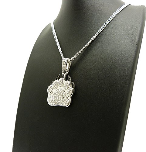 NYFASHION101 Stone Stud Black Accent Grizzly Bear Paw Pendant with 3mm 24" Cuban Chain Necklace3