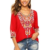 LauraKlein Women's Boho Embroidered Peasant Tops 3/4 Sleeve V Neck Mexican Bohemian Shirts Tunics Bl