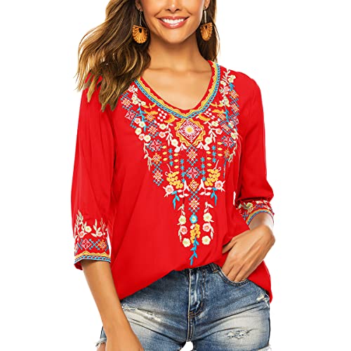 Lauraklein Women's Boho Embroidered Peasant Tops 3/4 Sleeve V Neck Mexican Bohemian Shirts Tunics Blouses (Red, Medium) #TOP2